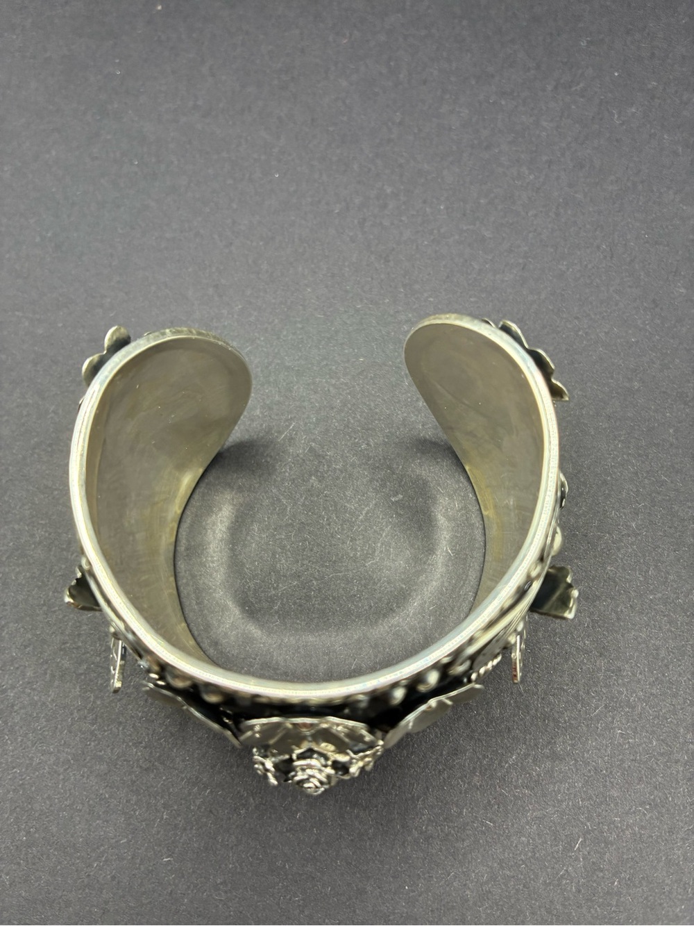 Taxco Silver Floral Sugar Skull Cuff Bracelet - solid Sterling Silver - Picture 5 of 7